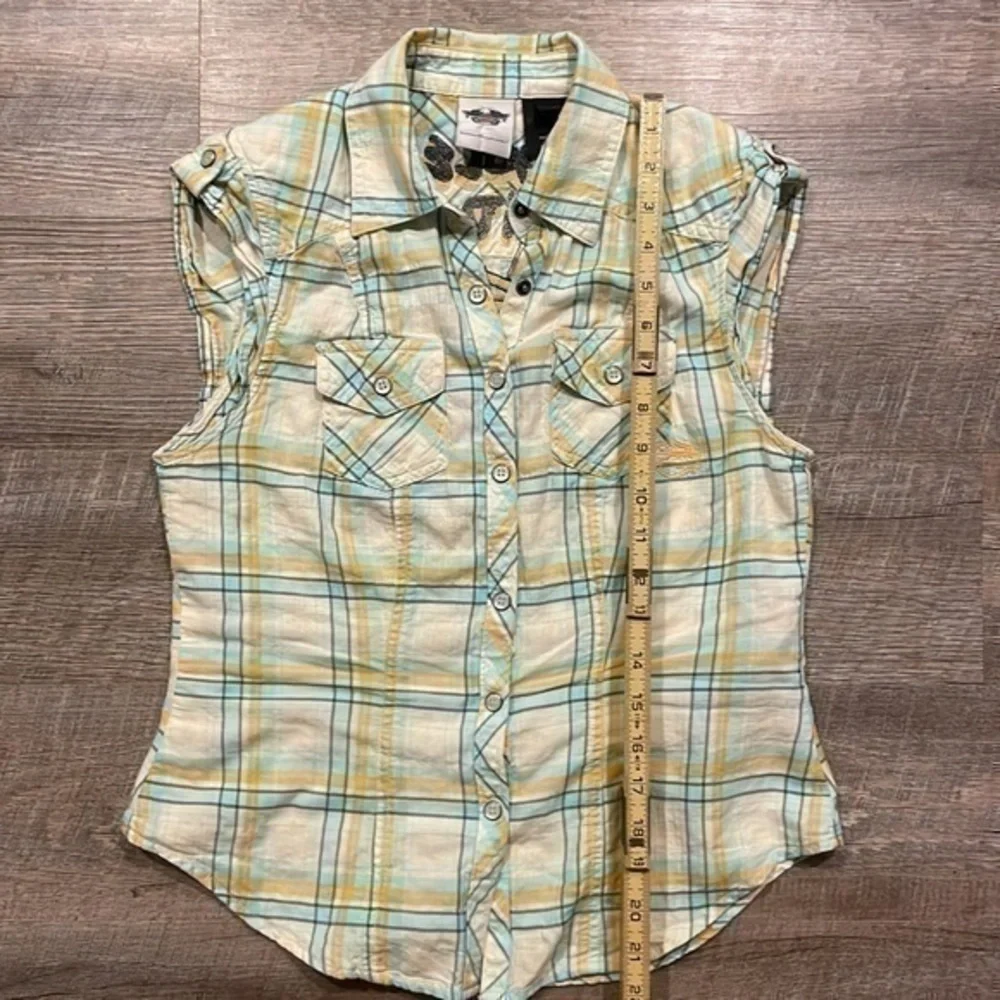 Harley Davidson capped sleeve white/blue/orange plaid embroidered logo top XS - Picture 11 of 13